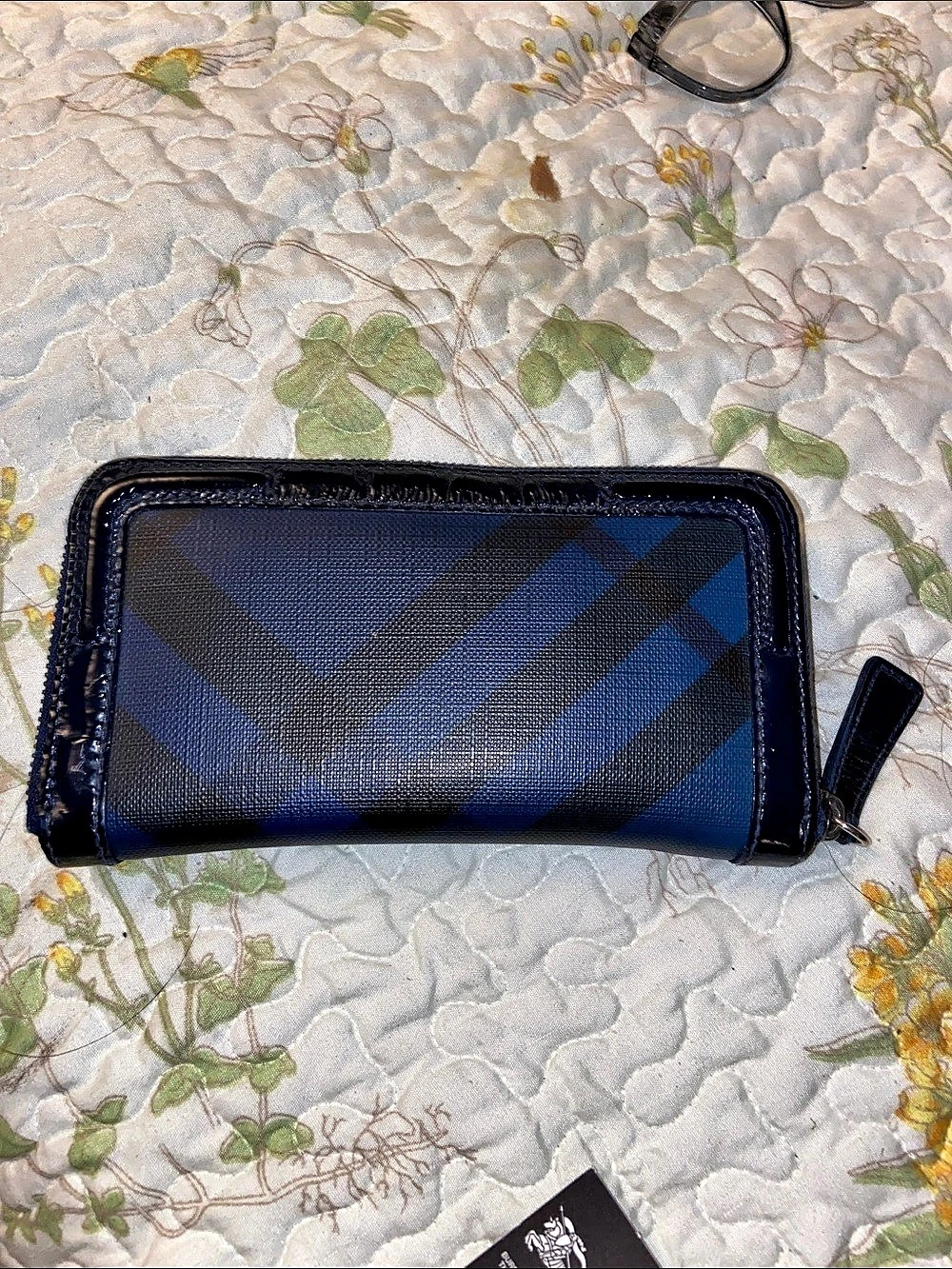 Burberry Patent Check Embossed Large Zip Around Wallet Blue & Black